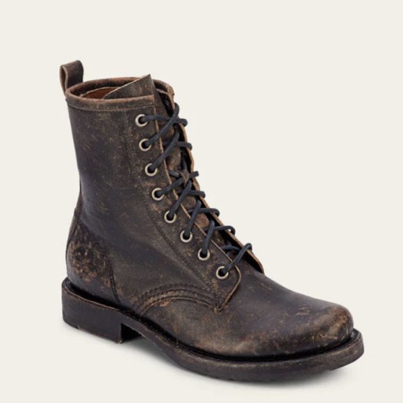 Frye Veronica Combat Distress Black Brown Tumbled Leather Laced Combat AnkleBoot - Picture 2 of 16